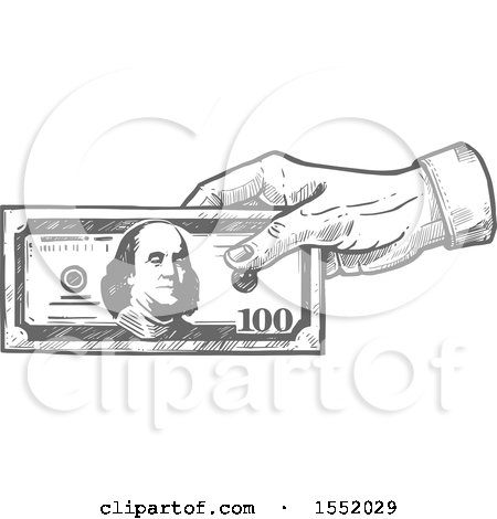 Clipart of a Sketched Grayscale Hand Holding Cash Money - Royalty Free Vector Illustration by Vector Tradition SM