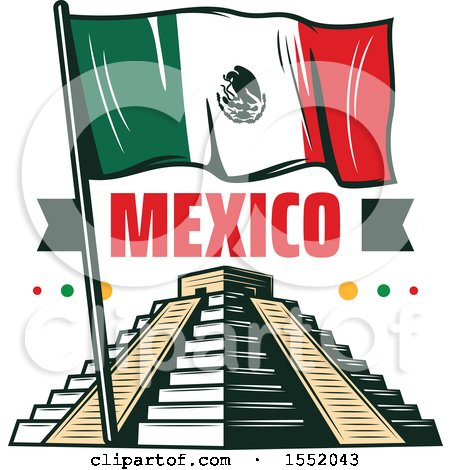 Clipart of a Retro Styled Cinco De Mayo Design with El Castillo Pyramid and a Flag - Royalty Free Vector Illustration by Vector Tradition SM