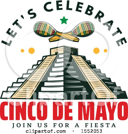 Clipart of a Retro Styled Cinco De Mayo Design with El Castillo Pyramid and Maracas - Royalty Free Vector Illustration by Vector Tradition SM