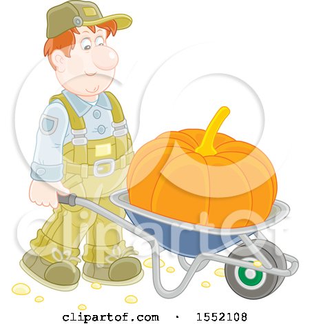 Clipart of a White Male Farmer Moving a Giant Pumpkin in a Wheelbarrow - Royalty Free Vector Illustration by Alex Bannykh