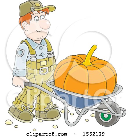 Clipart of a Caucasian Male Farmer Moving a Giant Pumpkin in a Wheelbarrow - Royalty Free Vector Illustration by Alex Bannykh