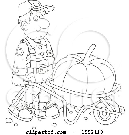 Clipart of a Lineart Male Farmer Moving a Giant Pumpkin in a Wheelbarrow - Royalty Free Vector Illustration by Alex Bannykh