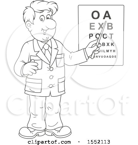 Clipart of a Lineart Male Eye Doctor Optometrist Pointing to a Chart - Royalty Free Vector Illustration by Alex Bannykh