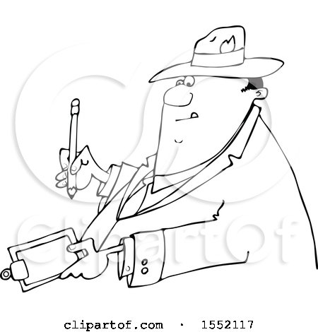 Clipart of a Cartoon Lineart Business Man Writing on a Clip Board - Royalty Free Vector Illustration by djart
