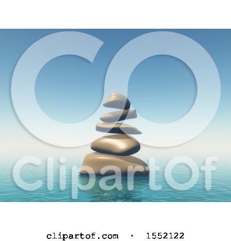 Clipart of 3d Zen Balanced Rocks and an Ocean Landscpe - Royalty Free Illustration by KJ Pargeter