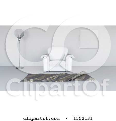 Clipart of a 3d Room Interior with a Blank Canvas, Rug and Chair - Royalty Free Illustration by KJ Pargeter