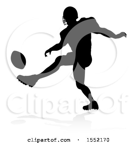 Clipart of a Silhouetted Football Player with a Reflection or Shadow, on a White Background - Royalty Free Vector Illustration by AtStockIllustration