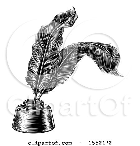 Clipart of a Black and White Ink Well with Feather Quill Pens - Royalty Free Vector Illustration by AtStockIllustration