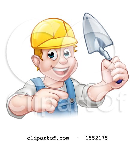 Clipart of a White Male Mason Worker Holding a Trowel and Pointing - Royalty Free Vector Illustration by AtStockIllustration