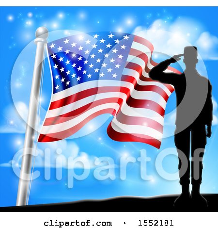 Clipart of a Silhouetted Full Length Male Military Veteran Saluting over an American Flag and Sky - Royalty Free Vector Illustration by AtStockIllustration