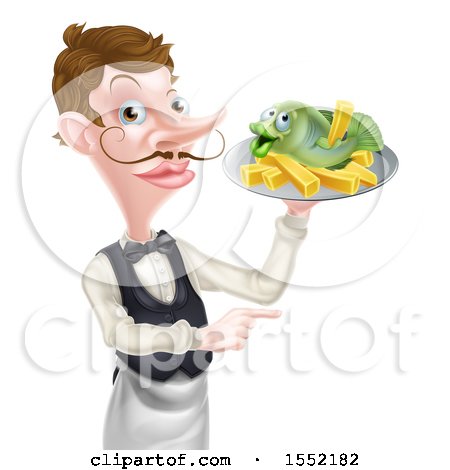 Clipart of a White Male Waiter Pointing and Holding Fish and a Chips on a Tray - Royalty Free Vector Illustration by AtStockIllustration