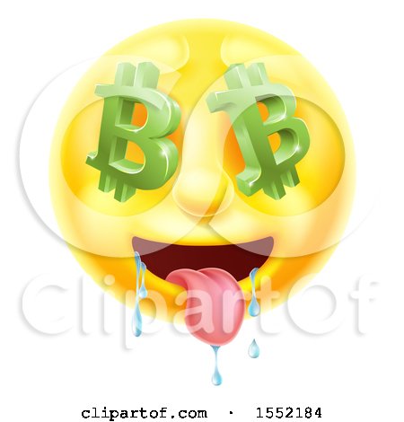 Clipart of a 3d Drooling Yellow Male Smiley Emoji Emoticon Face with Bitcoin Symbol Eyes - Royalty Free Vector Illustration by AtStockIllustration