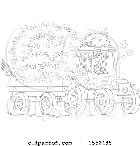 Clipart of a Lineart Male Farmer Hauling Hay with a Tractor and Trailer - Royalty Free Vector Illustration by Alex Bannykh