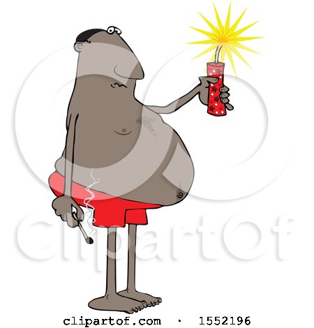 Clipart of a Cartoon Chubby Black Man in Swim Shorts, Holding a Firecracker and Match - Royalty Free Vector Illustration by djart