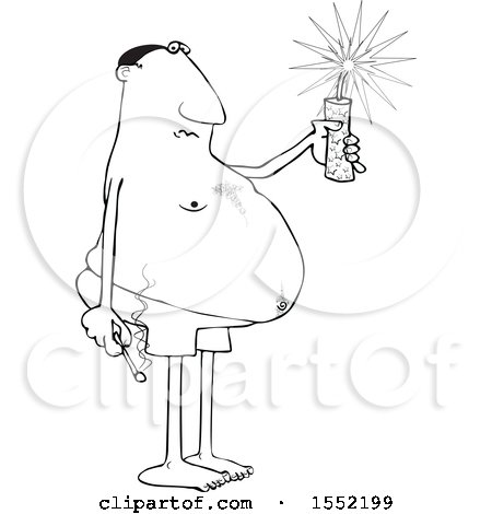 Clipart of a Cartoon Lineart Chubby Black Man in Swim Shorts, Holding a Firecracker and Match - Royalty Free Vector Illustration by djart