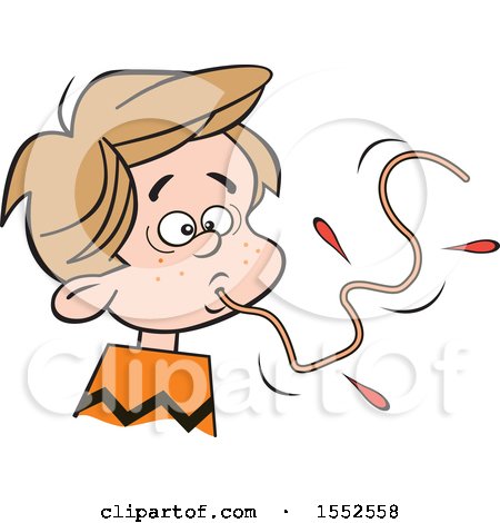 Clipart of a White Boy Sucking up a Messy Spaghetti Noodle, How Not to Eat Spaghetti - Royalty Free Vector Illustration by Johnny Sajem