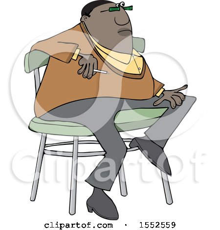Clipart of a Cartoon Casual Chubby Black Man Smoking and Sitting on a Stool - Royalty Free Vector Illustration by djart