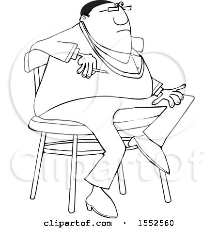Clipart of a Cartoon Lineart Chubby Black Man Smoking and Sitting on a Stool - Royalty Free Vector Illustration by djart