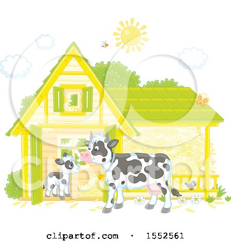 Clipart of a Dairy Cow and Calf at a Barn - Royalty Free Vector Illustration by Alex Bannykh