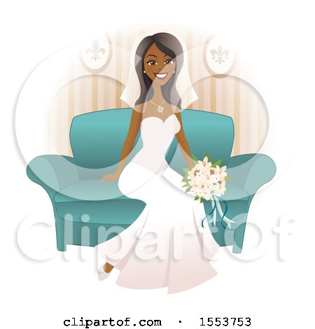 Clipart of a Beautiful Happy African American Bride Sitting on a Sofa - Royalty Free Vector Illustration by Amanda Kate