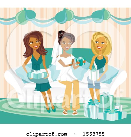 Clipart of a Happy African American Bride and Friends at a Bridal Shower - Royalty Free Vector Illustration by Amanda Kate