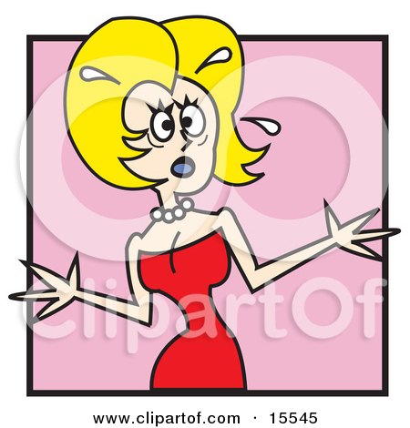 Crazed Blond Damsel In Distress Woman In A Red Dress And Pearl Necklace, Fretting And Sweating Clipart Illustration by Andy Nortnik
