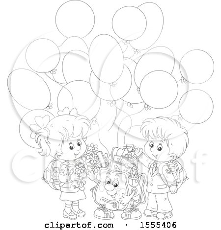 Clipart of a Black and White Bag with School Children and Party Balloons - Royalty Free Vector Illustration by Alex Bannykh