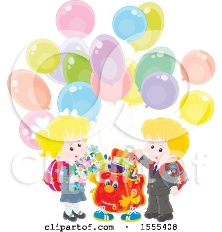 Clipart of a Happy Book Bag with School Children and Party Balloons - Royalty Free Vector Illustration by Alex Bannykh
