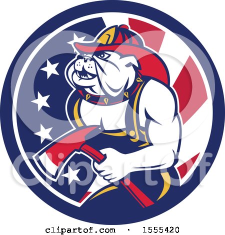 Clipart of a Retro Bulldog Fireman Holding an Axe in an American Flag Circle - Royalty Free Vector Illustration by patrimonio