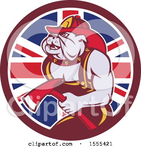 Clipart of a Retro Bulldog Fireman Holding an Axe in a Union Jack Flag Circle - Royalty Free Vector Illustration by patrimonio