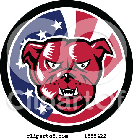 Clipart of a Retro Red Woodcut Guard Bulldog in an American Flag Circle - Royalty Free Vector Illustration by patrimonio