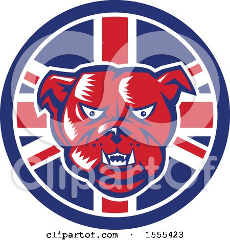 Clipart of a Retro Red Woodcut Guard Bulldog in a Union Jack Flag Circle - Royalty Free Vector Illustration by patrimonio