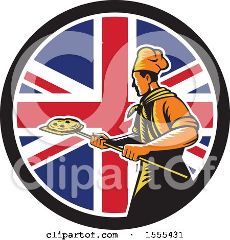 Clipart of a Retro Male Chef with a Pizza on a Peel in a Union Jack Flag Circle - Royalty Free Vector Illustration by patrimonio