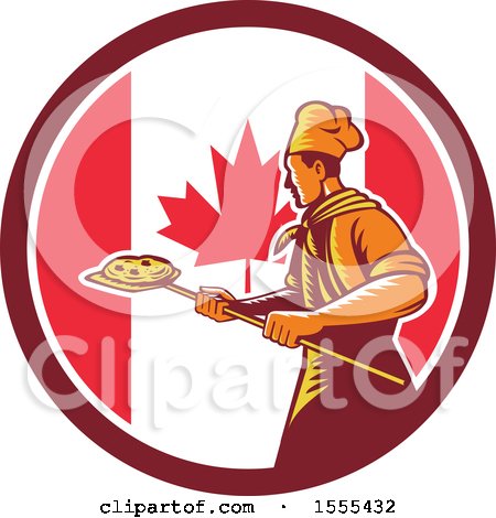 Clipart of a Retro Male Chef with a Pizza on a Peel in a Canadian Flag Circle - Royalty Free Vector Illustration by patrimonio