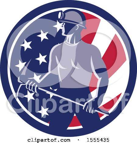 Clipart of a Retro Male Coal Miner Holding a Pickaxe in an American Flag Circle - Royalty Free Vector Illustration by patrimonio