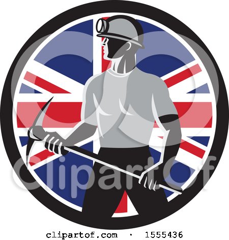 Clipart of a Retro Male Coal Miner Holding a Pickaxe in a Union Jack Flag Circle - Royalty Free Vector Illustration by patrimonio