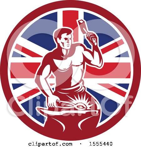 Clipart of a Retro Blacksmith Worker Hammering in a Union Jack Flag Circle - Royalty Free Vector Illustration by patrimonio