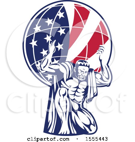 Clipart of a Retro Strong Man, Atlas, Kneeling and Holding an American Flag Globe on His Shoulders - Royalty Free Vector Illustration by patrimonio