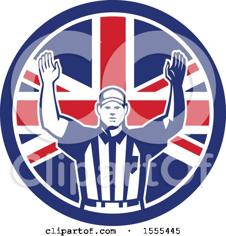 Clipart of a Retro American Football Referee Gesturing Touchdown in a Union Jack Flag Circle - Royalty Free Vector Illustration by patrimonio