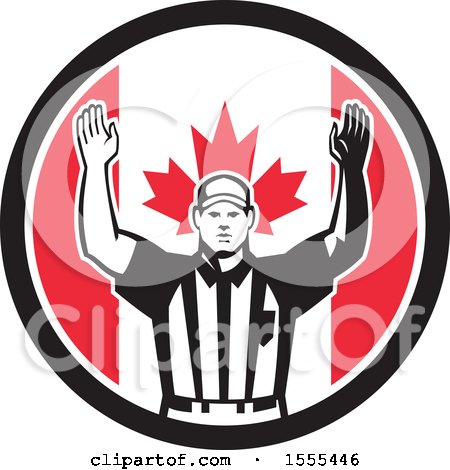 Clipart of a Retro American Football Referee Gesturing Touchdown in a Canadian Flag Circle - Royalty Free Vector Illustration by patrimonio