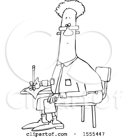 Clipart of a Cartoon Lineart Black Man Writing at a Desk - Royalty Free Vector Illustration by djart