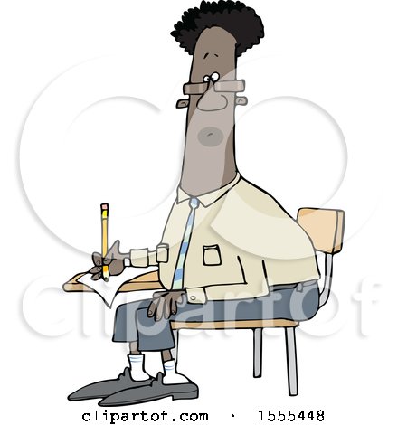 Clipart of a Cartoon Black Man Writing at a Desk - Royalty Free Vector Illustration by djart