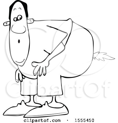 Clipart of a Cartoon Lineart Black Man Farting Fire- Royalty Free Vector Illustration by djart