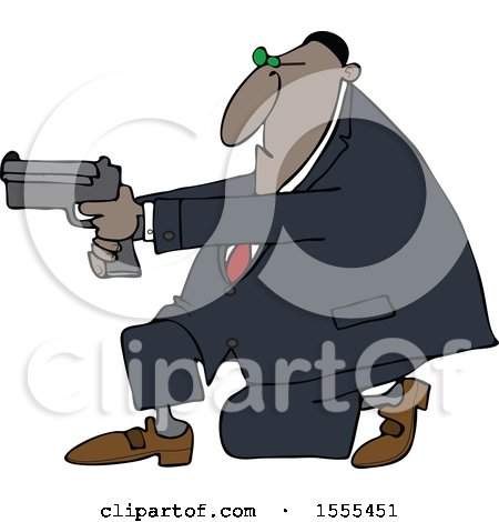 Clipart of a Cartoon Black Man Kneeling and Using a Pistol - Royalty Free Vector Illustration by djart