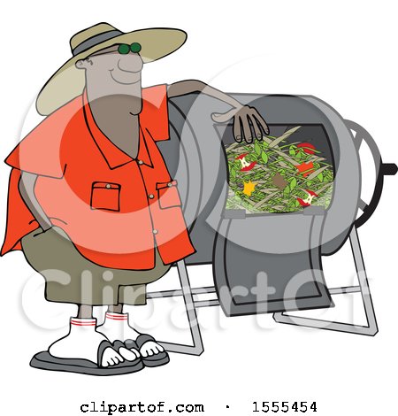 Clipart of a Cartoon Black Man Resting an Arm on His Composter Bin - Royalty Free Vector Illustration by djart