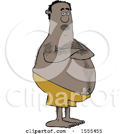 Clipart of a Hairy Chubby Black Man with Folded Arms, Standing in Swim Trunks - Royalty Free Vector Illustration by djart