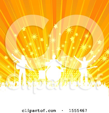 Clipart of a Silhouetted Crowd and Band on Stage Against a Starburst - Royalty Free Vector Illustration by elaineitalia