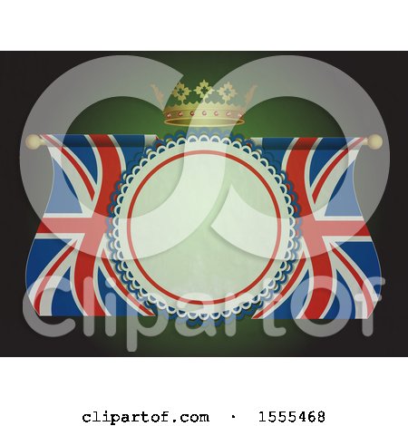 Clipart of a Crown over a Union Jack Flag Banner with Text Space, on Green - Royalty Free Vector Illustration by elaineitalia