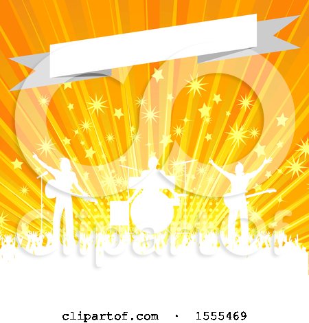 Clipart of a Silhouetted Crowd and Band on Stage Against a Starburst with a Banner - Royalty Free Vector Illustration by elaineitalia
