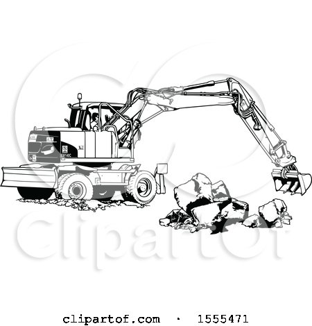 Clipart of a Black and White Excavator Machine Moving Concrete Blocks - Royalty Free Vector Illustration by dero